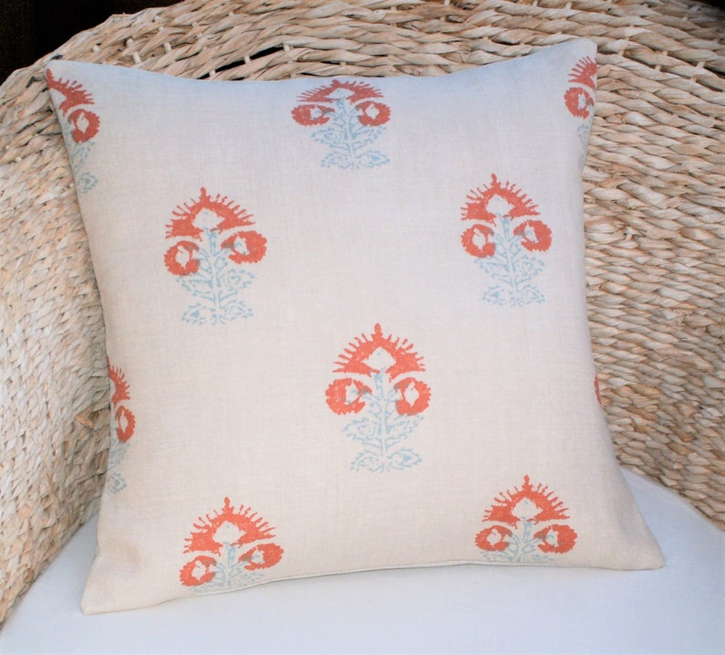 Kate Forman Iona Orange Cushion Cover, UK Designer Linen, Indian Block Print Design, 16 x 16 image 1