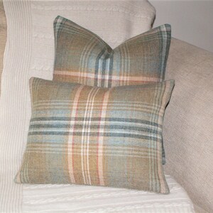 Pure Wool Soft Green Tartan Cushion Cover, Balmoral Plaid & Braemar Herringbone Tweed, Handmade in UK, Blue, Grey, Camel Pillow