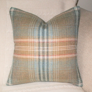 Pure Wool Soft Green Tartan Cushion Cover, Balmoral Plaid & Braemar Herringbone Tweed, Handmade in UK, Blue, Grey, Camel Pillow
