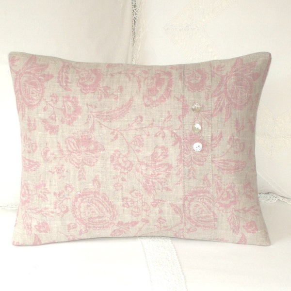 Cabbages and Roses - Provence Toile Cushion / Decorative Throw Pillow Cover - Pink on natural linen - UK Designer Linen - 16 x 12"