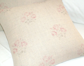 Kate Forman Kitty Cushion / Pillow Cover, UK Designer Linen, Vintage Style Cottage Chic, Bunches of Soft Pink Roses - 16 x 16