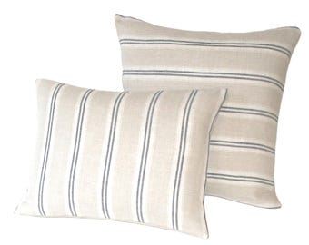 Kate Forman Indigo Stripe Cushion Cover - UK Designer Blue & Natural Linen Woven Ticking Stripe - 20 x 20, 16 x 16, 16 x 12