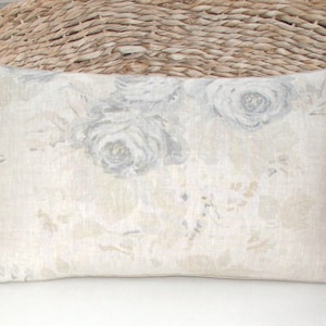 Cabbages and Roses Mary Cushion Cover, UK Designer Blue Grey Roses / Wisteria, Floral on Natural Linen, Lumbar Pillow
