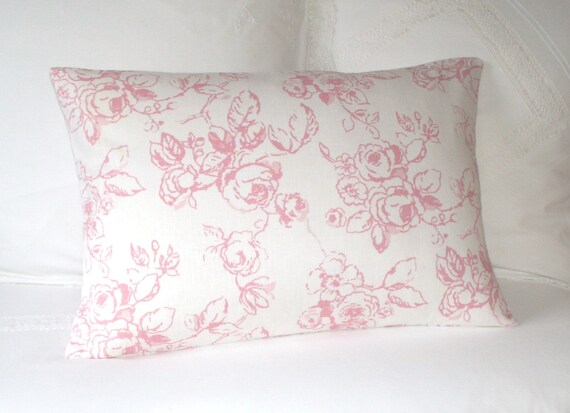 Rose Pink Cabbage Roses on White Linen Decorative Pink Throw Pillow Cover