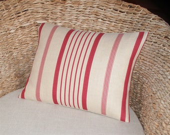 Kate Forman Ticking Stripe Cushion Cover - UK Designer Linen - Red Herringbone Ticking  -  16" x 12" Lumbar Pillow