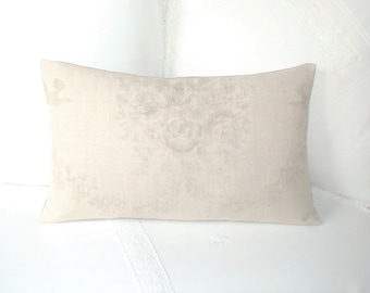 Kate Forman Grey Sophia Cushion Cover - UK Designer Linen - Romantic Floral, Cabbage Roses, Garlands & Birds, 20 x 12  Lumbar Pillow