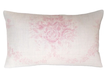 Kate Forman Sophia Cushion Cover - UK Designer Pink Sophia Linen Soft, Romantic, Faded Cabbage Roses - Floral Lumbar Pillow 20 x 12, 18 x 10