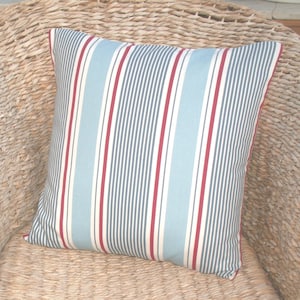 Blue White & Red Stripes Cushion Cover - Coastal Decor / Seaside / Nautical Sail Stripe on Both Sides - Reversible Pillow