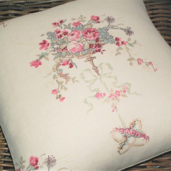 Kate Forman Isobella Cushion Cover - UK Designer Linen - Red and Pink Roses, Floral Display on Natural Linen