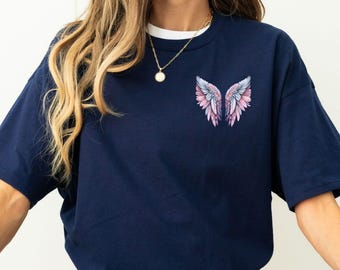 Elegant Angel Wings T-shirt, Delicate Wing Design Tee, Heavenly Style Top Pink White Angel Wings Graphic Tee, Spiritual Statement T-shirt