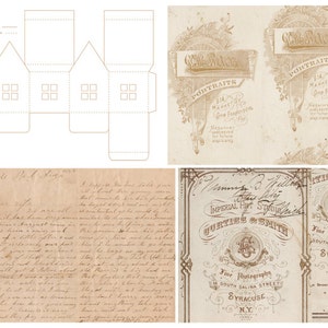 Puede incluir: Un collage de im&aacute;genes vintage que incluye una plantilla de casa imprimible, una carta manuscrita y dos tarjetas de visita antiguas para un estudio de fotograf&iacute;a. Las tarjetas de visita muestran el texto "Curtiss & Smith, Imperial Art Studio", "Fine Photography, 16 South Salina Street, Syracuse, NY", y "Miss & Smith, Fine Photography, South Salina Street, Syracuse, NY".