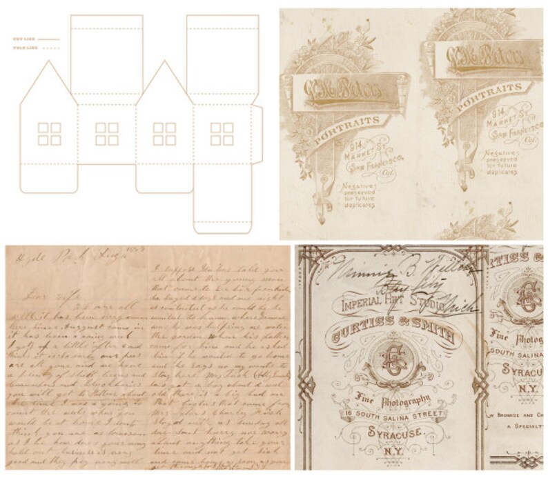 Puede incluir: Un collage de im&aacute;genes vintage que incluye una plantilla de casa imprimible, una carta manuscrita y dos tarjetas de visita antiguas para un estudio de fotograf&iacute;a. Las tarjetas de visita muestran el texto "Curtiss & Smith, Imperial Art Studio", "Fine Photography, 16 South Salina Street, Syracuse, NY", y "Miss & Smith, Fine Photography, South Salina Street, Syracuse, NY".