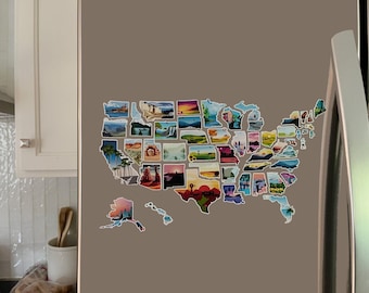 May include: A colorful map of the United States of America with each state represented by a different scenic image.