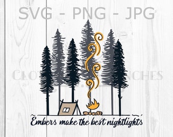 Embers Nightlight Camping Scene, svg, png, jpg, Pine Trees Tent