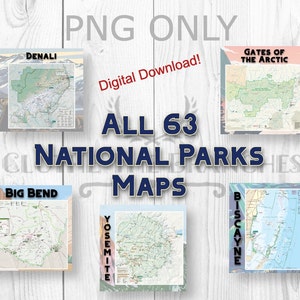 63 National Park Maps, Digital Landmark Download, Travel Map PNG, Yosemite, Redwood, Yellowstone, Mountain Desert Graphics