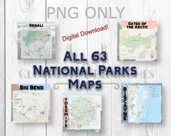 Könnte beinhalten: Ein digitaler Download von 63 Nationalpark-Karten. Die Karten werden in einer Collage-Anordnung mit den Namen der Parks "Denali", "Gates of the Arctic", "Big Bend", "Yosemite" und "Biscayne" angezeigt. Der Text "PNG ONLY" und "Digitaler Download!" ist ebenfalls sichtbar.