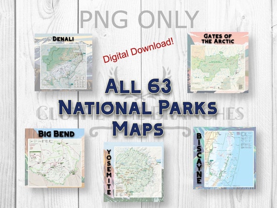63 National Park Maps, Digital Landmark Download, Travel Map PNG, Yosemite, Redwood, Yellowstone, Mountain Desert Graphics