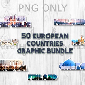 Paquete de paisajes de países de Europa, gráficos de sublimación de 50 naciones europeas, mapa colorido PNG, descarga de lista de deseos, gráficos de viaje