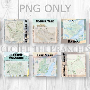 May include: A collage of 10 colourful maps of different national parks in the United States. The maps are arranged in two rows of five. The parks featured are: Kobuk Valley, Kings Canyon, Joshua Tree, Katmai, Kenai Fjords, Mammoth Cave, Lassen Volcanic, Lake Clark, Mesa Verde, and Mount Rainier.