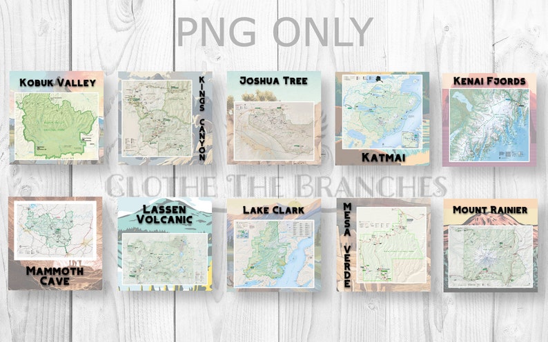 May include: A collage of 10 colourful maps of different national parks in the United States. The maps are arranged in two rows of five. The parks featured are: Kobuk Valley, Kings Canyon, Joshua Tree, Katmai, Kenai Fjords, Mammoth Cave, Lassen Volcanic, Lake Clark, Mesa Verde, and Mount Rainier.