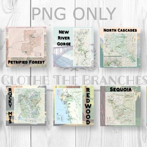 May include: A collage of ten different national park maps, each featuring a different park. The parks include: Pinnacles, Petrified Forest, New River Gorge, North Cascades, Olympic, Saguaro, Rocky Mountains, Redwood, Sequoia, and Shenandoah.
