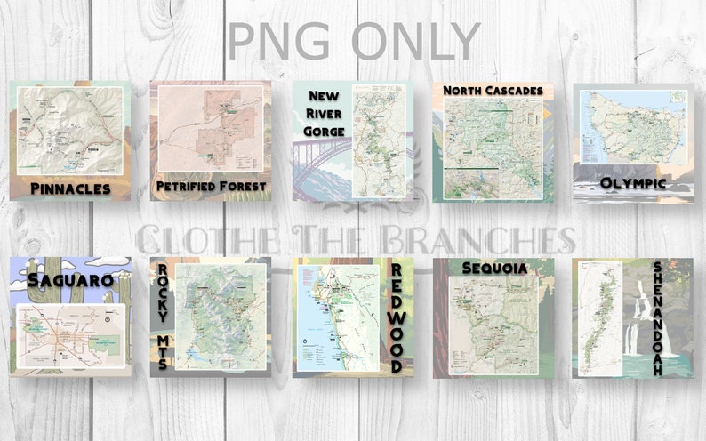 May include: A collage of ten different national park maps, each featuring a different park. The parks include: Pinnacles, Petrified Forest, New River Gorge, North Cascades, Olympic, Saguaro, Rocky Mountains, Redwood, Sequoia, and Shenandoah.