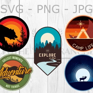 Nature Badge Bundle, svg, png, jpg, Graphiques colorés d’aventure de camping