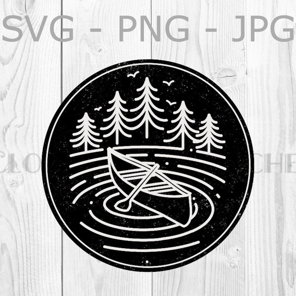 Canoe Lake Outdoor Graphic, Kayak Svg, Pine Tree Png, Nature Black and White Vector
