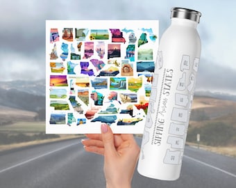 May include: A white stainless steel water bottle with a design of the United States of America, with each state outlined and labeled. The text "Sipping Across States" is printed on the bottle. A print of the United States of America with each state outlined and filled with a colorful image is in the background.