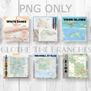 May include: A collage of maps depicting various national parks in the United States. The maps are displayed in a grid format against a white wooden backdrop. The park names are printed in black text on the maps. The parks featured are Wind Cave, White Sands, Theodore Roosevelt, Virgin Islands, Voyageurs, Yellowstone, Wrangell St. Elias, and Zion.