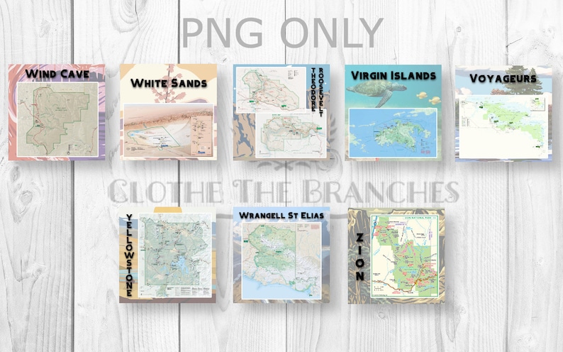 May include: A collage of maps depicting various national parks in the United States. The maps are displayed in a grid format against a white wooden backdrop. The park names are printed in black text on the maps. The parks featured are Wind Cave, White Sands, Theodore Roosevelt, Virgin Islands, Voyageurs, Yellowstone, Wrangell St. Elias, and Zion.