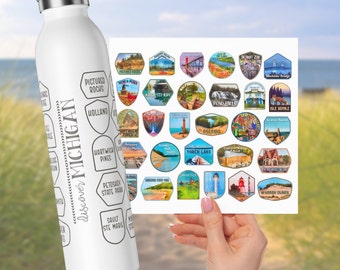 Discover Michigan Checklist Water Bottle With Stickers, Travel Tracker Mug Map, 50 States Tumbler, Gift For Travelers, Nature Bucket List