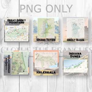 May include: A collage of nine maps of different national parks in the United States. The maps are arranged in a 3x3 grid. The parks featured are Guadalupe Mountains, Great Smoky Mountains, Grand Teton, Great Basin, Hot Springs, Hawaii Volcanoes, Haleakala, Indiana Dunes, and Isle Royale.