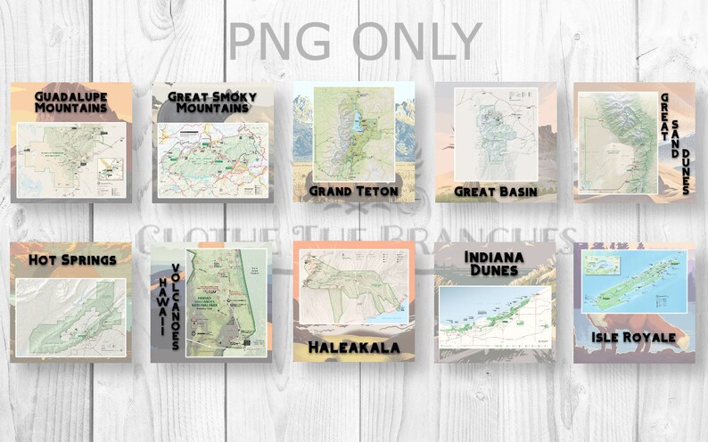 May include: A collage of nine maps of different national parks in the United States. The maps are arranged in a 3x3 grid. The parks featured are Guadalupe Mountains, Great Smoky Mountains, Grand Teton, Great Basin, Hot Springs, Hawaii Volcanoes, Haleakala, Indiana Dunes, and Isle Royale.