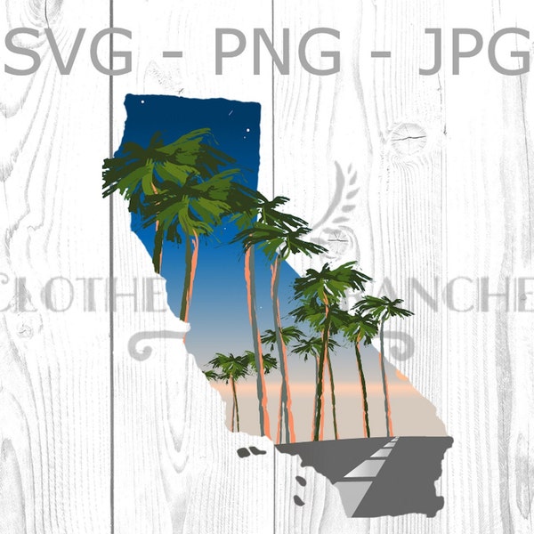 California Palm Tree Clip Art, SoCal Graphic Art File, West Coast Nature Digital Art, Road Trip Stencil Template, Pacific Coast svg png jpg