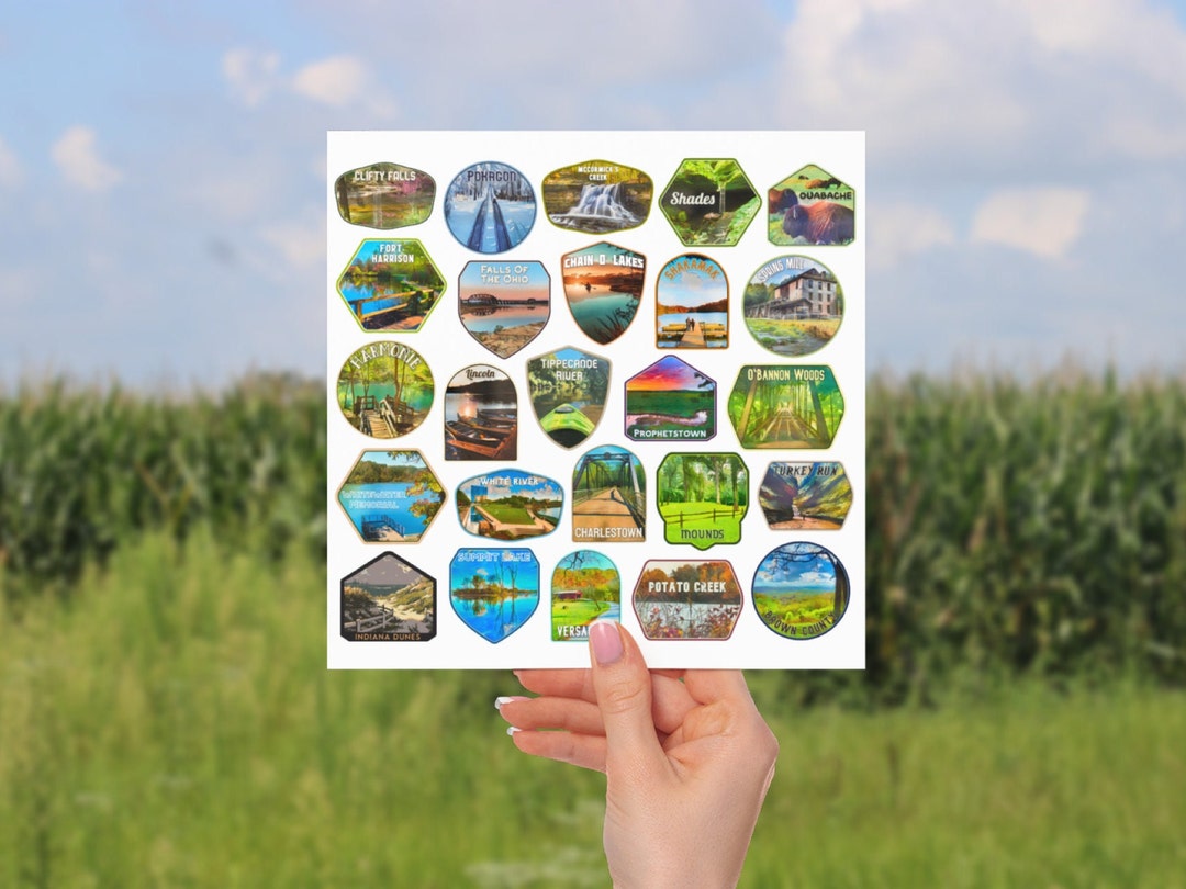 Indiana State Parks Sticker Sheet, Water Resistant Vinyl Checklist Stickers, Water Bottle