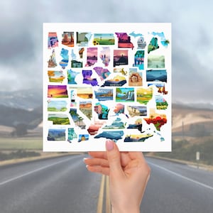 May include: A white card with a colorful map of the United States. Each state is illustrated with a unique landscape scene, such as mountains, beaches, or forests.
