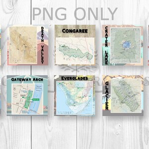 May include: A collage of 10 maps of different national parks in the United States. The maps are arranged in two rows of five. The parks are Dry Tortugas, Death Valley, Congaree, Crater Lake, Cuyahoga Valley, Glacier Bay, Gateway Arch, Everglades, Glacier, and Grand Canyon.