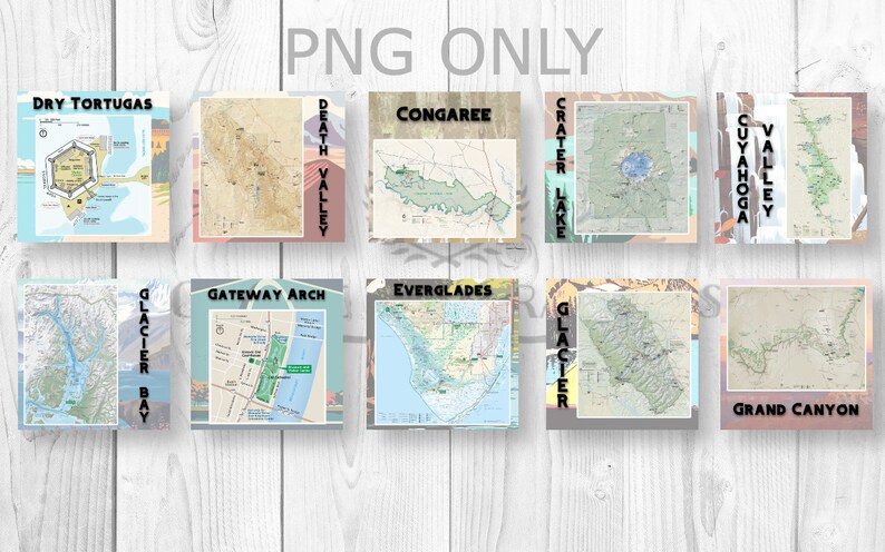 May include: A collage of 10 maps of different national parks in the United States. The maps are arranged in two rows of five. The parks are Dry Tortugas, Death Valley, Congaree, Crater Lake, Cuyahoga Valley, Glacier Bay, Gateway Arch, Everglades, Glacier, and Grand Canyon.