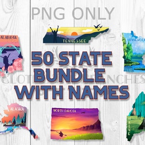 Paquete de gráficos de paisajes de 50 estados, gráficos de sublimación de cincuenta estados, PNG de mapas coloridos, descarga de listas de deseos, regalo para amantes de los viajes