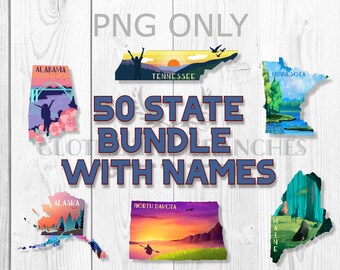 50 Bundesstaaten Landschaftsgrafikpaket, Fünfzig USA Sublimationsgrafiken, Bunte Karte PNG, Bucket List Download, Reiseliebhaber Geschenk