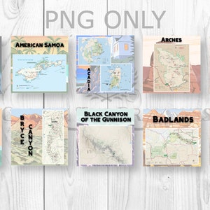 May include: A collage of 10 maps of different national parks in the United States. The maps are in a grid format with a white wood background. The parks featured are Carlsbad Caverns, American Samoa, Acadia, Arches, Canyonlands, Channel Islands, Bryce Canyon, Black Canyon of the Gunnison, Badlands, and Capitol Reef.