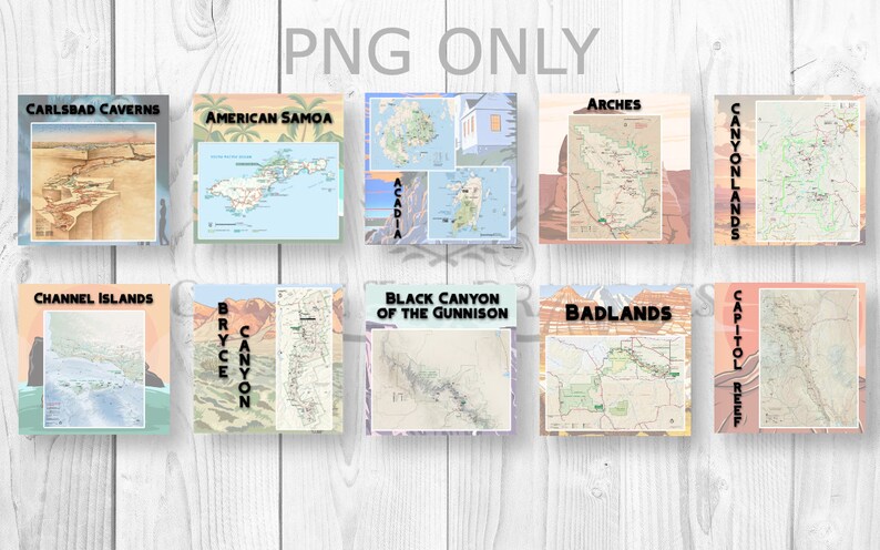 May include: A collage of 10 maps of different national parks in the United States. The maps are in a grid format with a white wood background. The parks featured are Carlsbad Caverns, American Samoa, Acadia, Arches, Canyonlands, Channel Islands, Bryce Canyon, Black Canyon of the Gunnison, Badlands, and Capitol Reef.