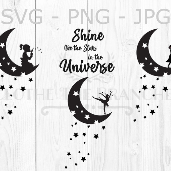 Girl on Moon Bundle, Ballerina Stars, Crescent Moon Graphic, svg, png, jpg