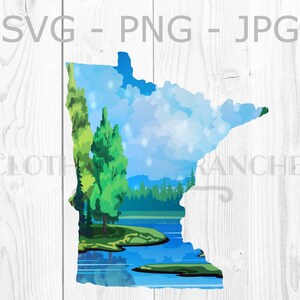 K&ouml;nnte beinhalten: Eine blaue und gr&uuml;ne Illustration des Bundesstaates Minnesota mit einem See und B&auml;umen. Die Staatsgrenze ist wei&szlig; mit blauem Himmel und wei&szlig;en Wolken im Hintergrund.
