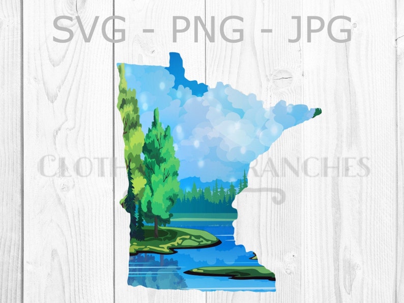 K&ouml;nnte beinhalten: Eine blaue und gr&uuml;ne Illustration des Bundesstaates Minnesota mit einem See und B&auml;umen. Die Staatsgrenze ist wei&szlig; mit blauem Himmel und wei&szlig;en Wolken im Hintergrund.