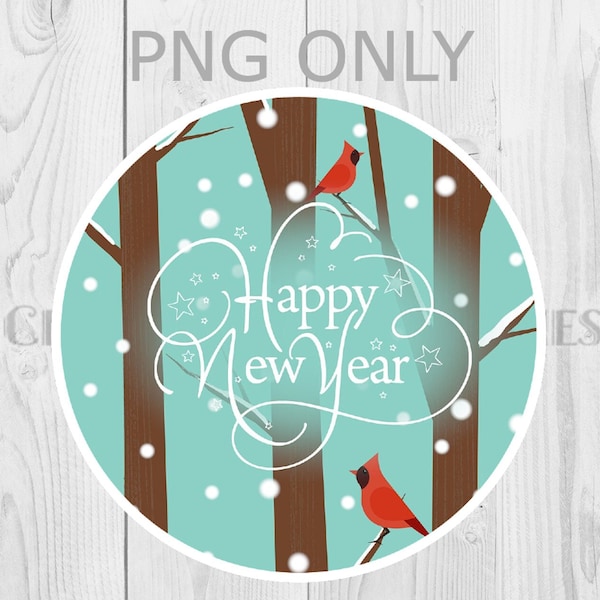 Happy New Year Cardinal Forest PNG, Chrismtas Graphic, Winter Birch Trees