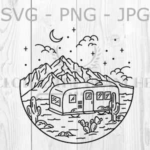 Desert Night Camping Scene svg, Camper png, Mountain Campsite Cactus Graphic