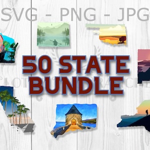Paquete de paisajes de 50 estados, sublimación de Estados Unidos PNG, gráficos de mapas de viajes coloridos, descarga de lista de deseos