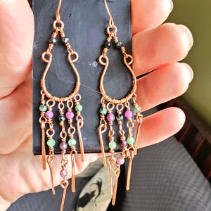 Handmade Copper Chandelier Earrings: Ruby Zoisite Beads, Purple & Green